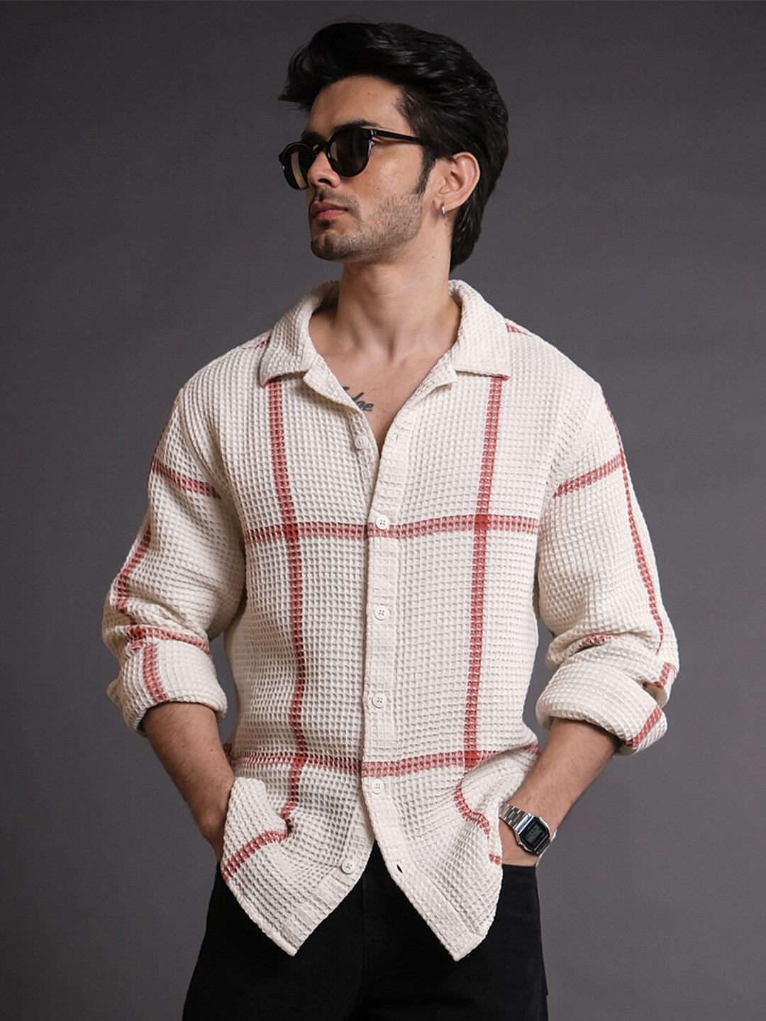 

Powerlook Off White India Slim Fit Structured Checked Cuban Collar Casual Shirt
