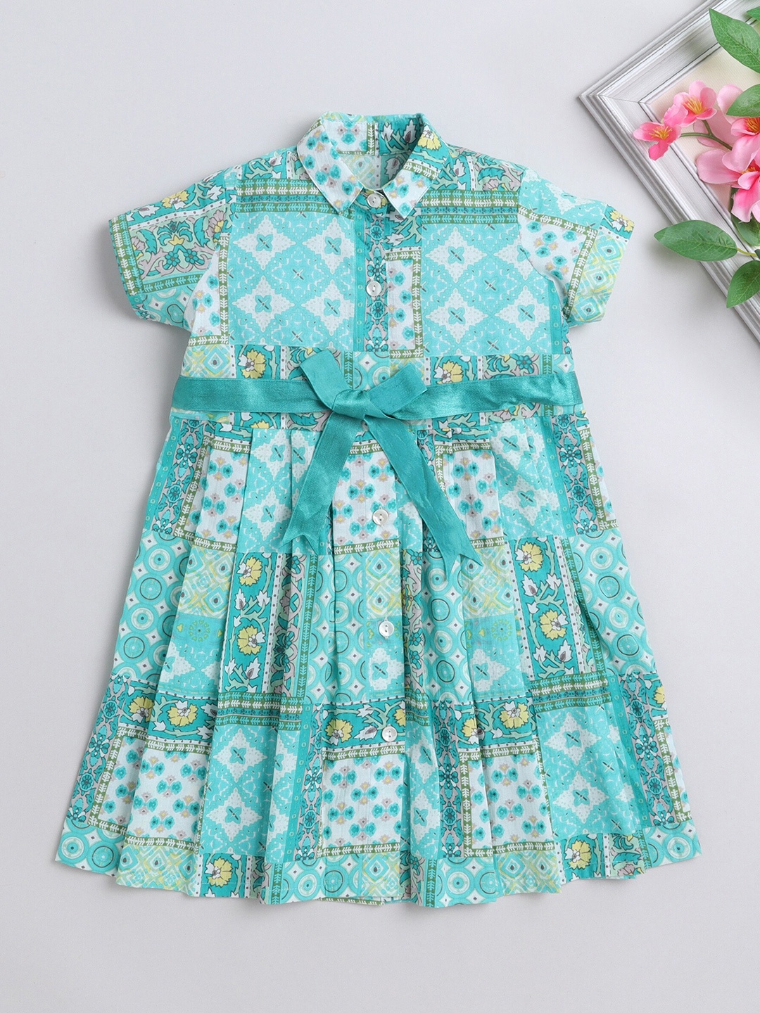 

The Magic Wand Girls Floral Printed Shirt Collar Cotton Fit & Flare Dress, Blue