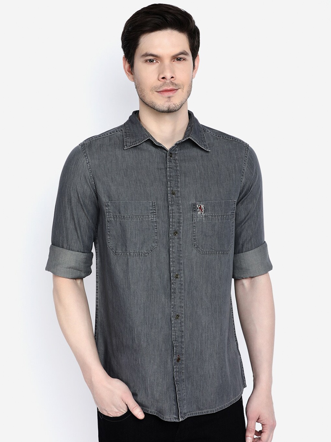 

GIORDANO Slim Fit Denim Weave Cotton Casual Shirt, Grey