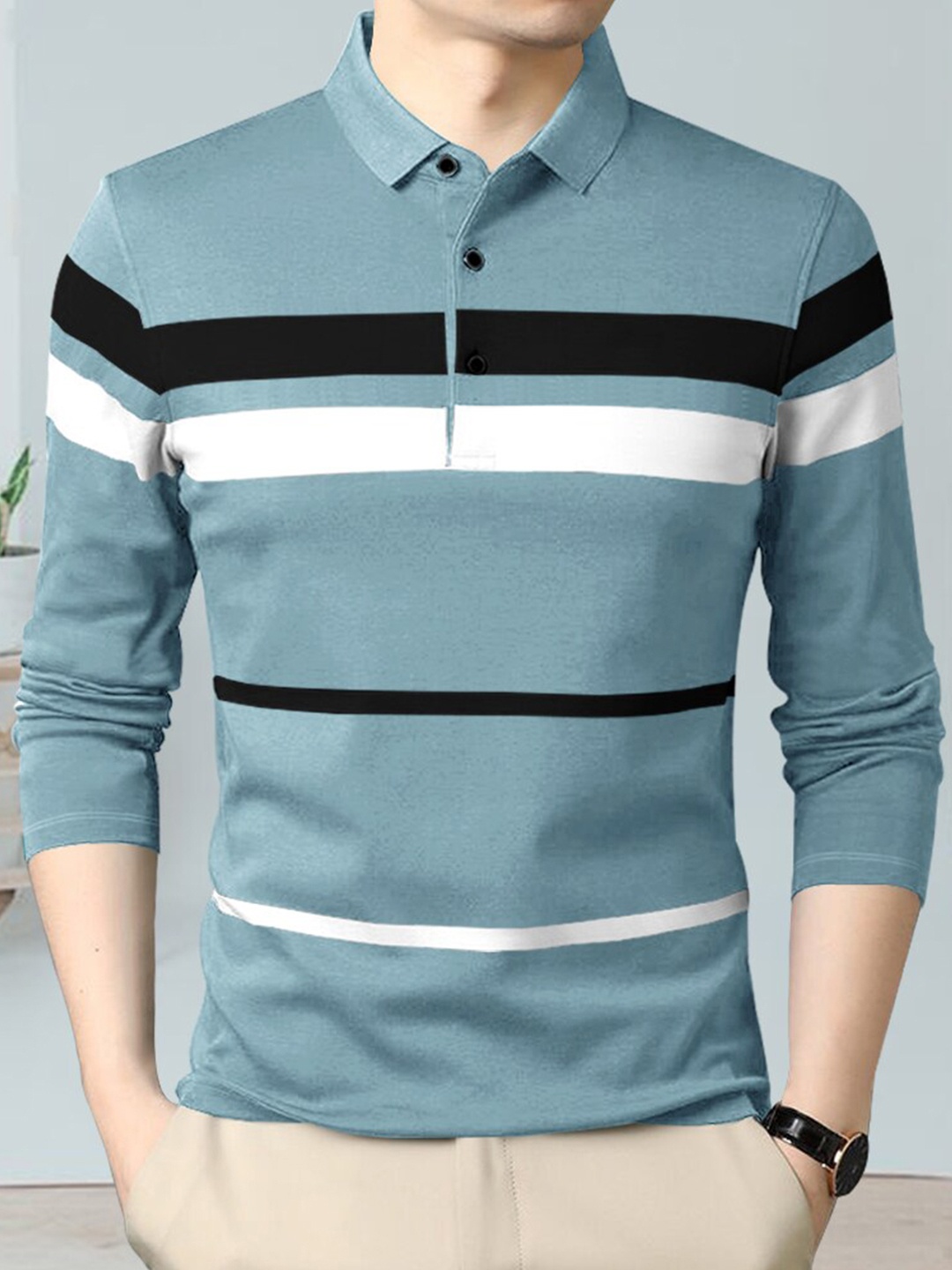 

Eyebogler Striped Polo Collar Regular Fit Cotton Casual T-shirt, Blue