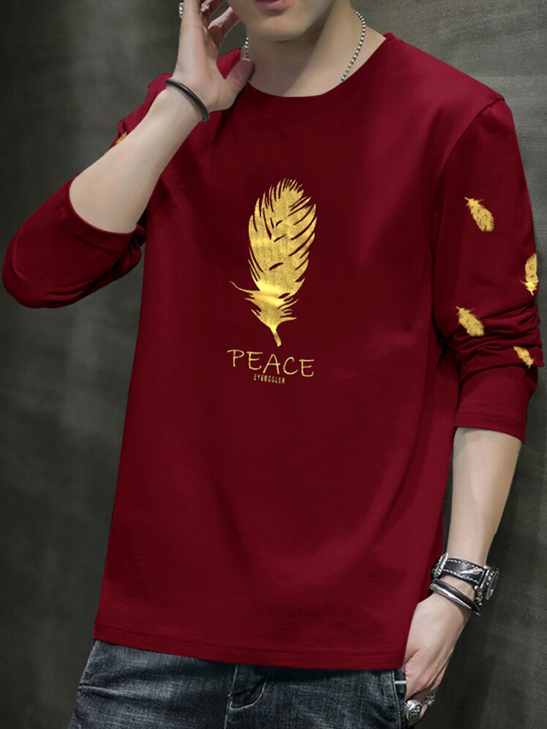 

Eyebogler Graphic Printed Round Neck Regular Fit Applique Cotton Casual T-shirt, Red
