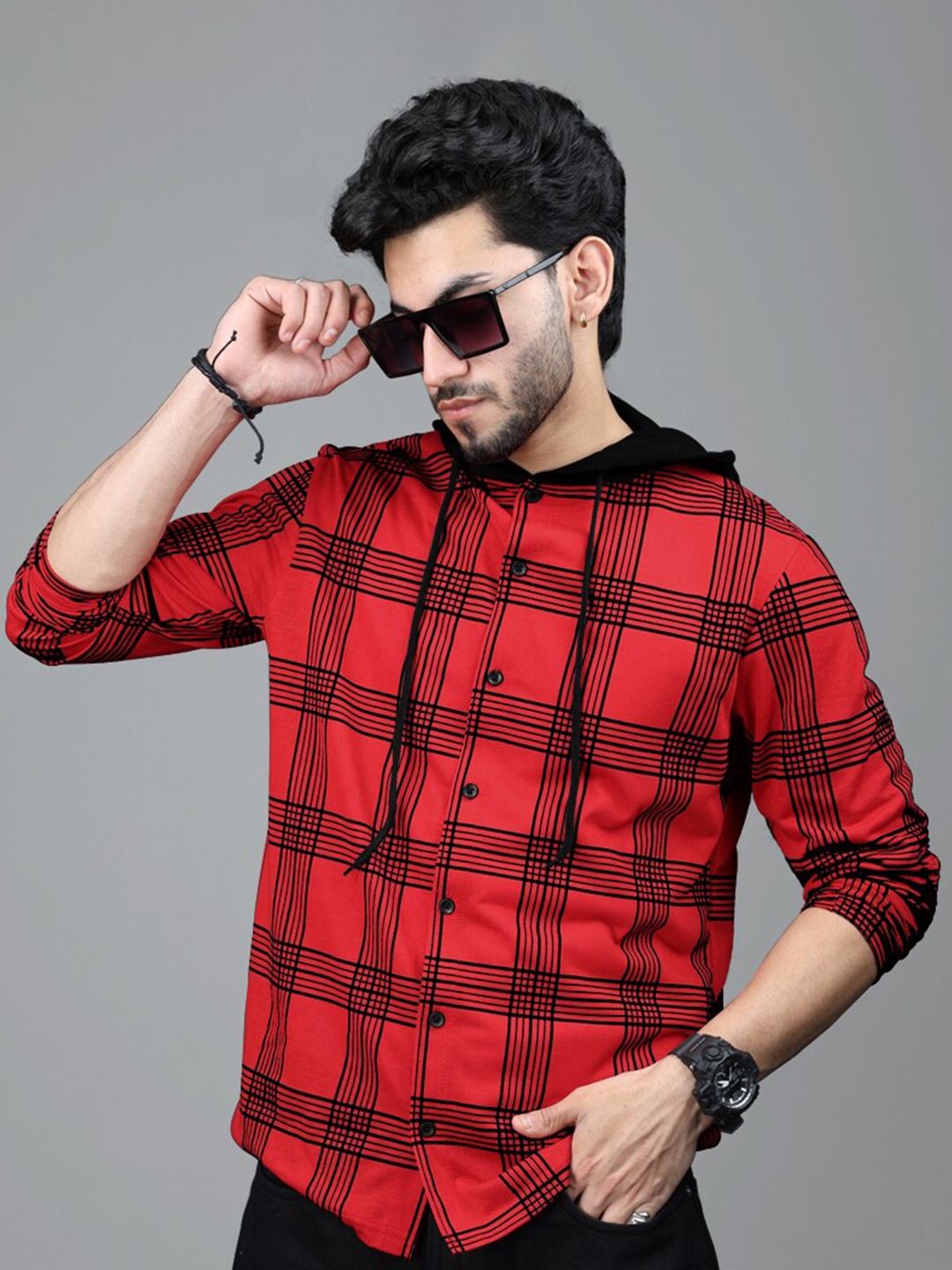 

Eyebogler Checked Cotton Hooded Long Sleeves Pockets Shirt, Red