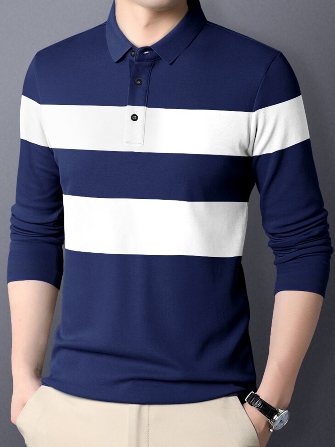 

Eyebogler Colourblocked Polo Collar Regular Fit Cotton Casual T-shirt, Navy blue