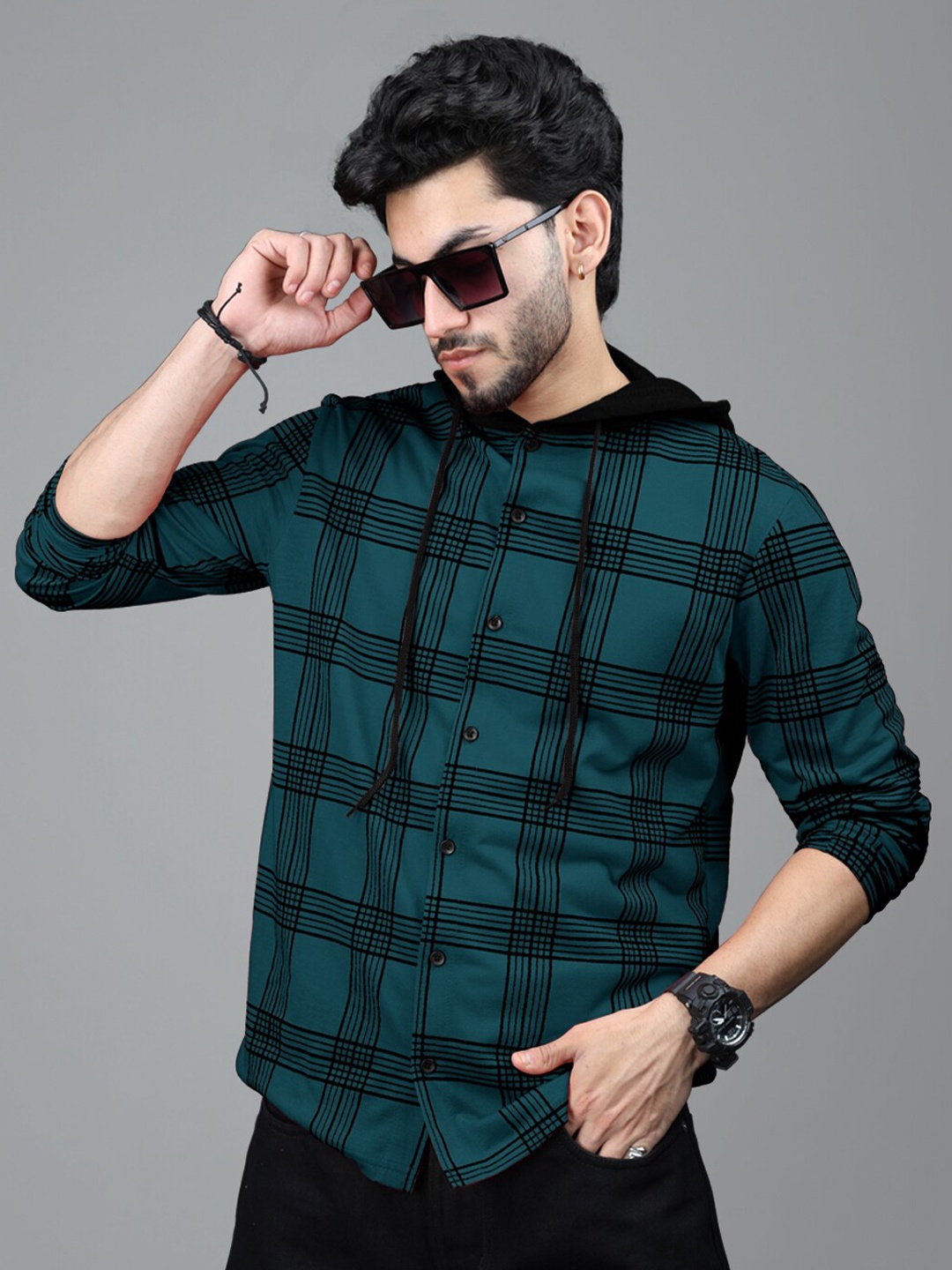 

Eyebogler Checked Cotton Hooded Long Sleeves Pockets Casual Shirt, Green