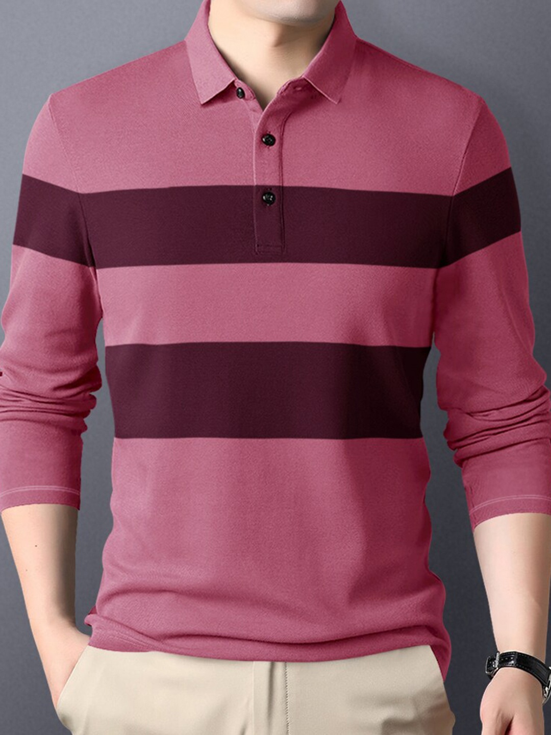 

Eyebogler Striped Cotton Polo Collar Long Sleeves Pockets T-shirt, Pink