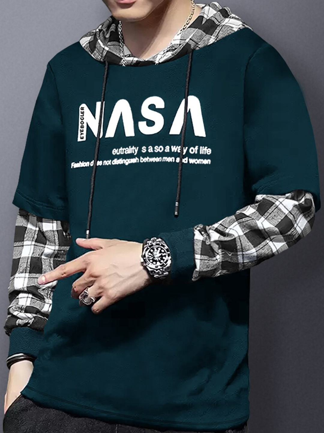 

Eyebogler Typography Printed Hooded Regular Fit Cotton Casual T-shirt, Teal