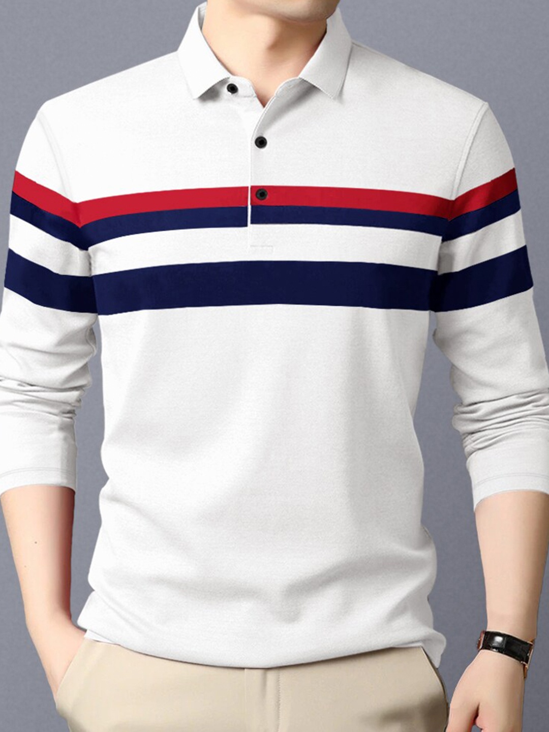 

Eyebogler Striped Polo Collar Regular Fit Cotton Casual T-shirt, White