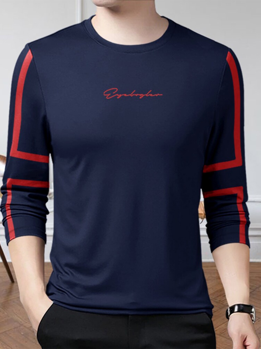 

Eyebogler Cotton Round Neck Long Sleeves Applique Casual T-shirt, Navy blue