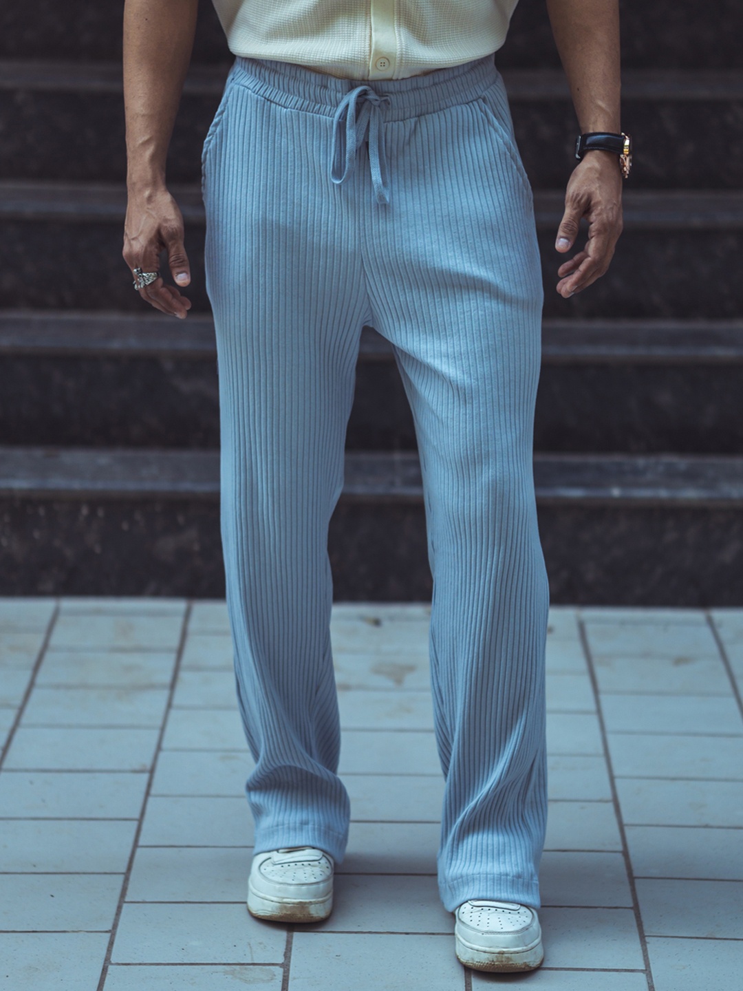 

Powerlook Men Blue Relaxed-Fit Mid-Rise Striped Track Pant, Grey