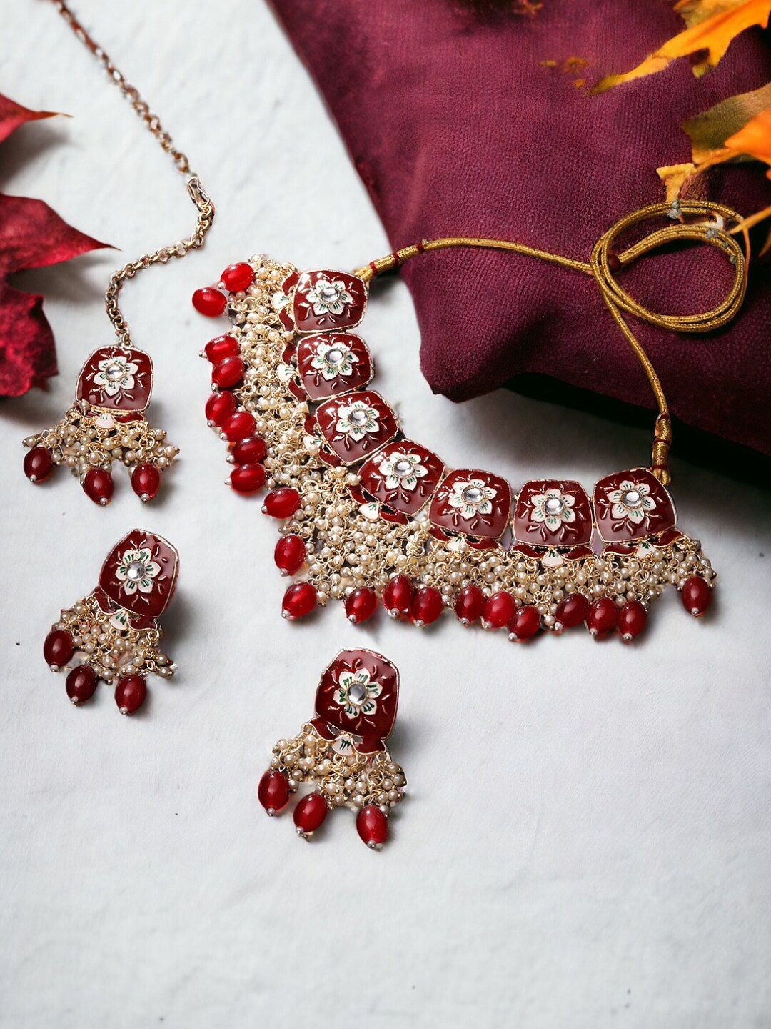 

ASMITTA JEWELLERY Gold Plated Stones Studded & Beaded Meenakari Jewellery Set