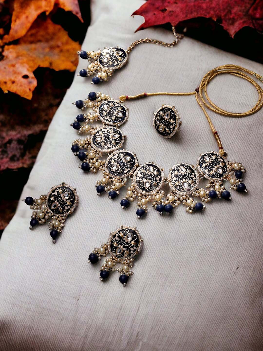 

ASMITTA JEWELLERY Gold-Plated Stones-Studded & Beaded Meenakari Jewellery Set