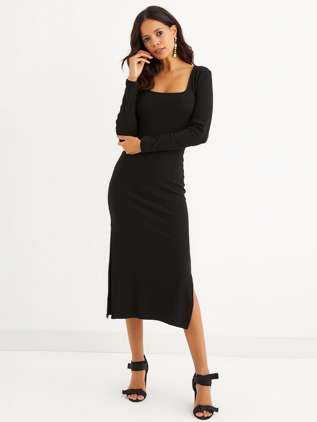 

Cool & Sexy Square Neck Long Sleeves Slit Bodycon Midi Dress, Black