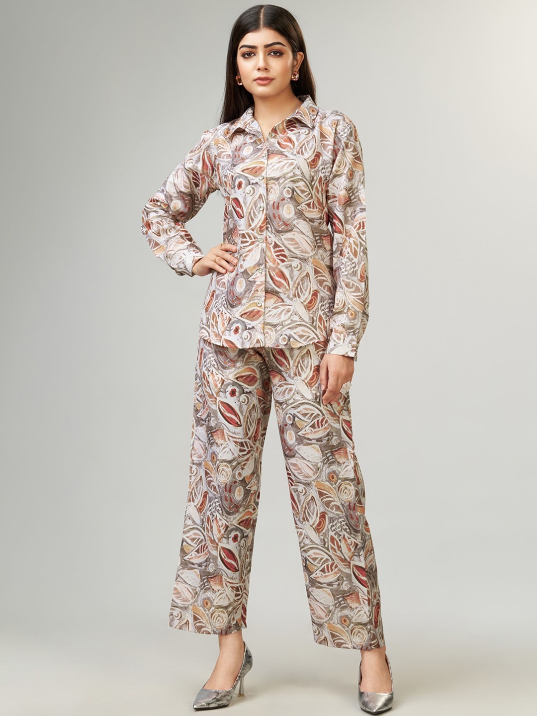 

ZARIMO Printed Shirt With Trouser, Nude