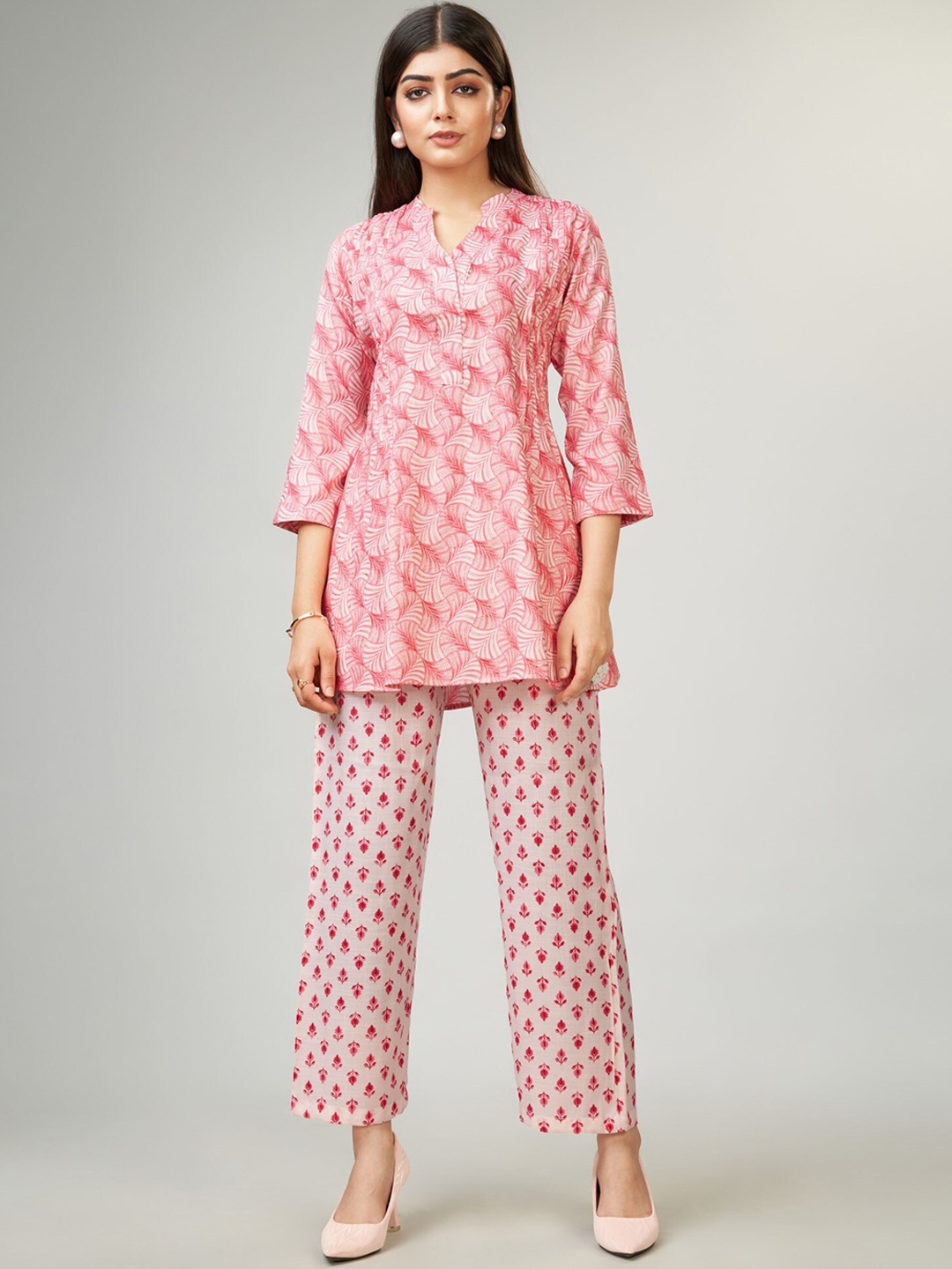 

ZARIMO Printed Mandarin Collar Tunic With Trousers, Pink