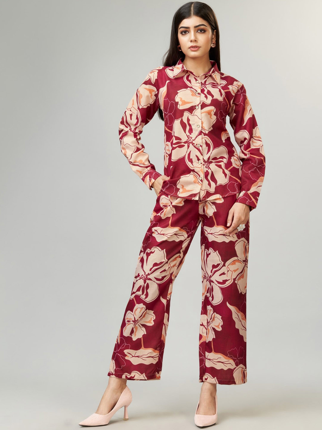 

ZARIMO Floral Printed Shirt With Trousers, Maroon