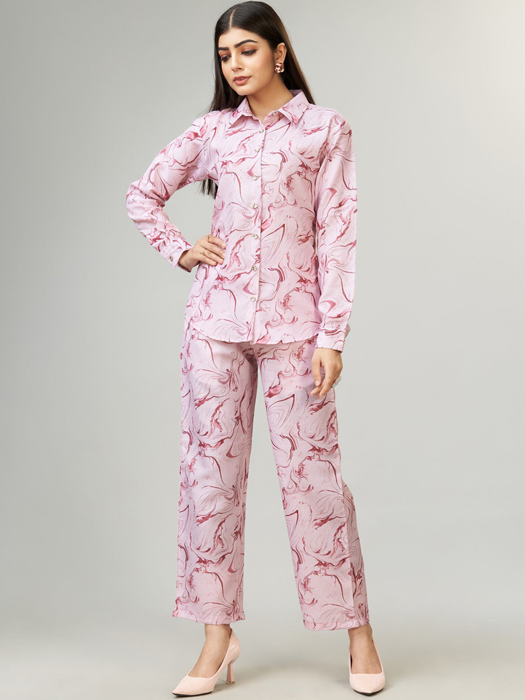 

ZARIMO Printed Shirt With Trouser, Mauve