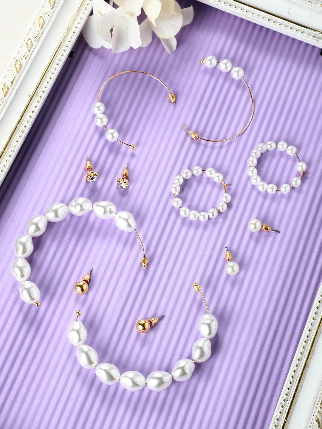 

TOKYO TALKIES X rubans FASHION ACCESSORIES Set Of 6 Gold-Plated Beaded Half Hoop Earrings, Grey