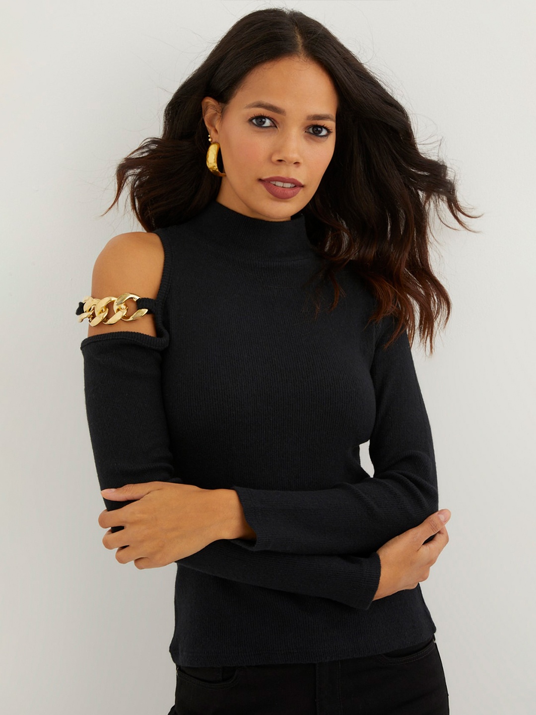 

Cool & Sexy High Neck Cold-Shoulder Sleeves Cut Out Top, Black