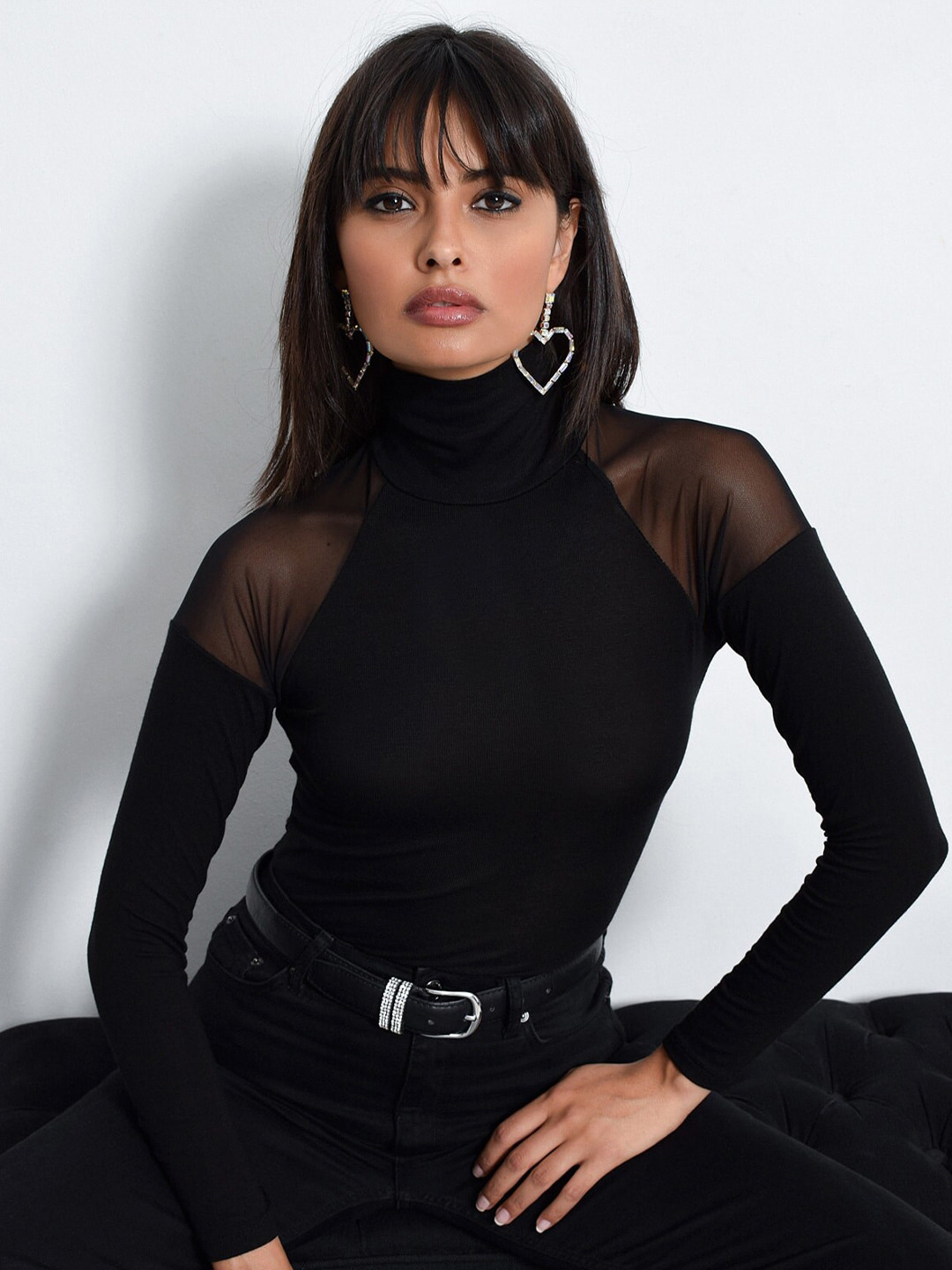 

Cool & Sexy High Neck Long Sleeves Fitted Top, Black