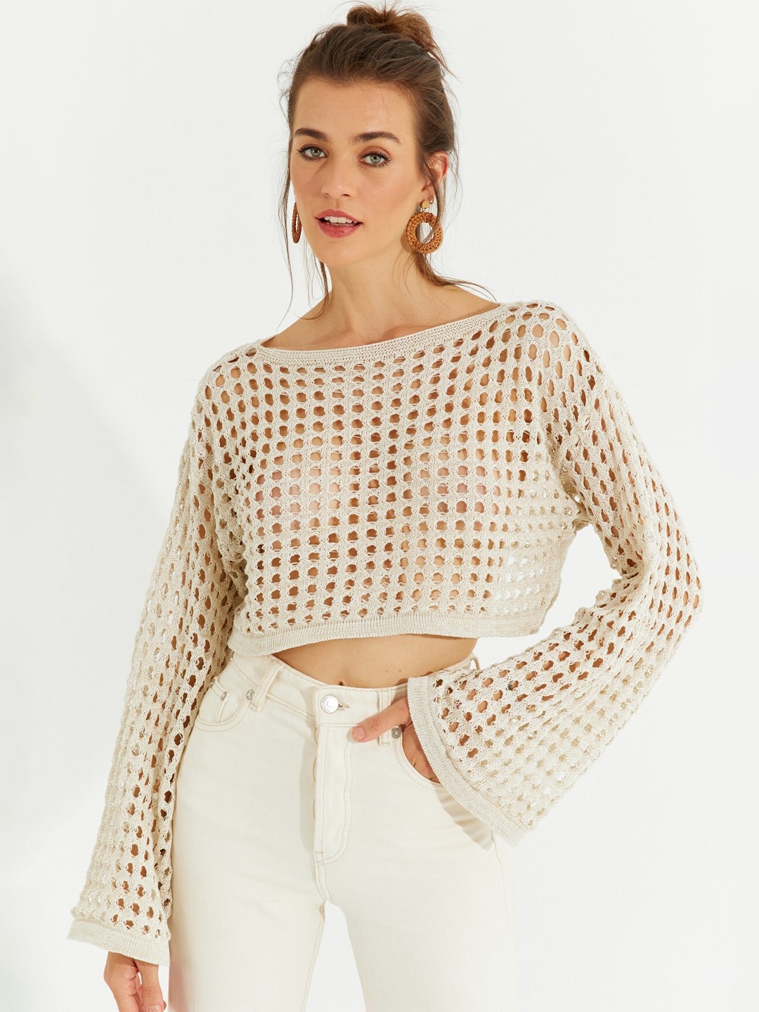 

Cool & Sexy Boat Neck Pure Acrylic Flared Sleeves Crochet Crop Top, Cream