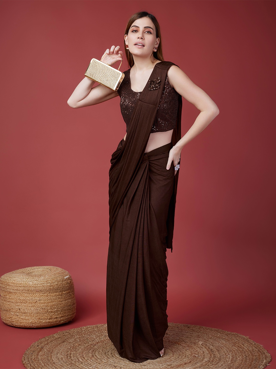 

AMOHA TRENDZ Ready to Wear Lycra Sequinned Saree, Brown