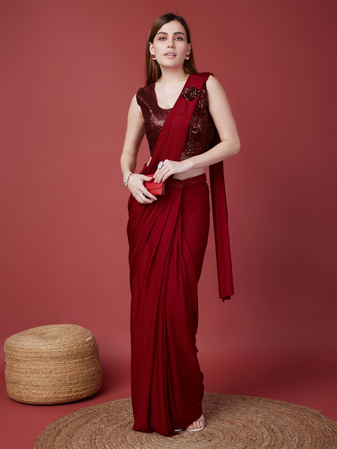 

AMOHA TRENDZ Lycra Ready to Wear Sequinned Saree, Maroon