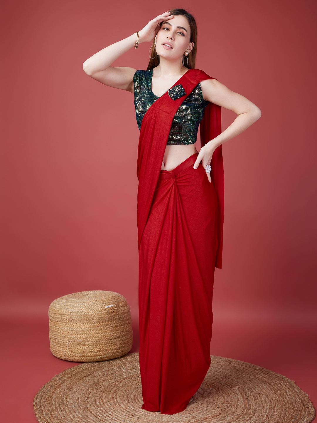 

AMOHA TRENDZ Lycra Pre-Stitched Ready to Wear Sequinned Saree, Red