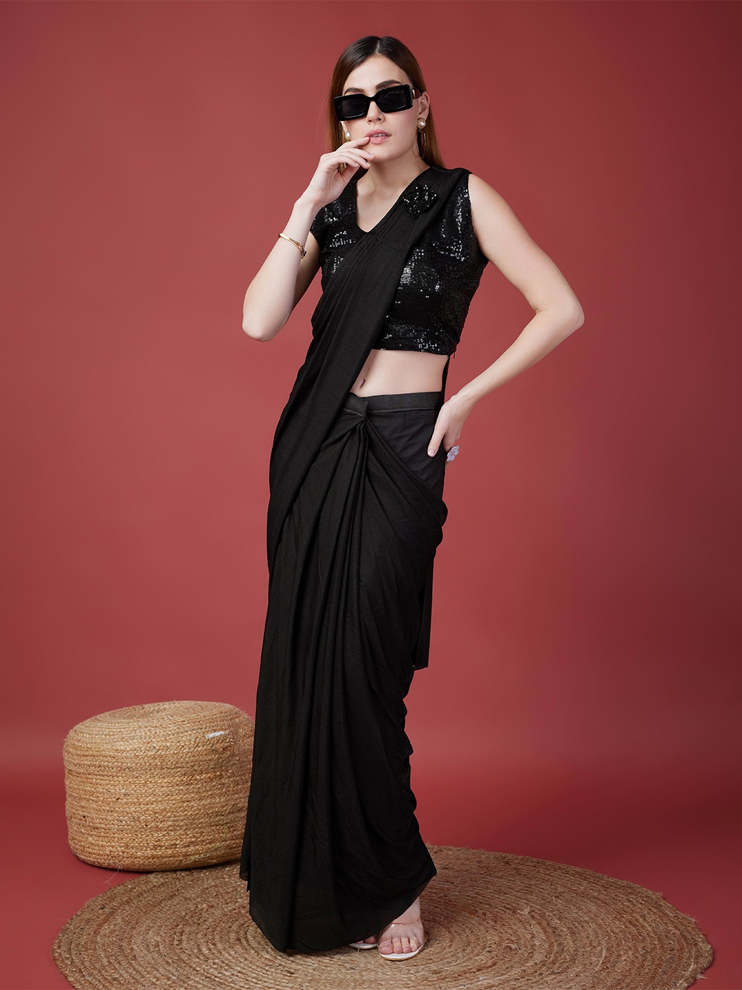 

AMOHA TRENDZ Lycra Pre-Stitched Ready to Wear Sequinned Saree, Black