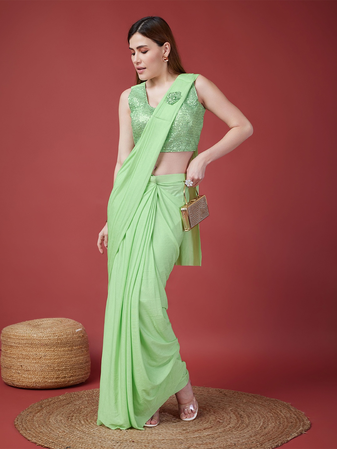 

AMOHA TRENDZ Lycra Pre-Stitched Ready to Wear Saree, Green