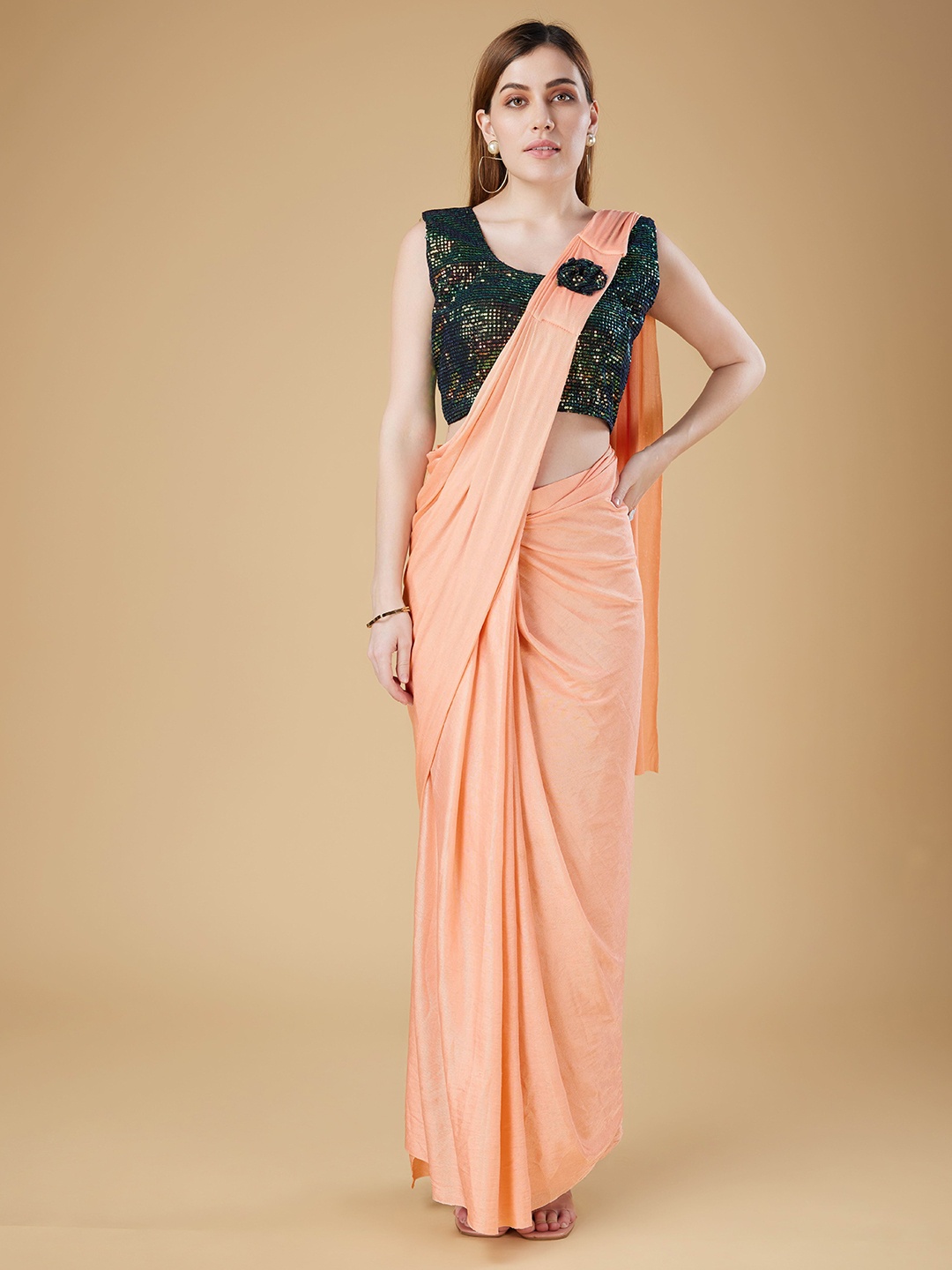 

AMOHA TRENDZ Lycra Pre-Stitched Ready to Wear Sequinned Saree, Peach