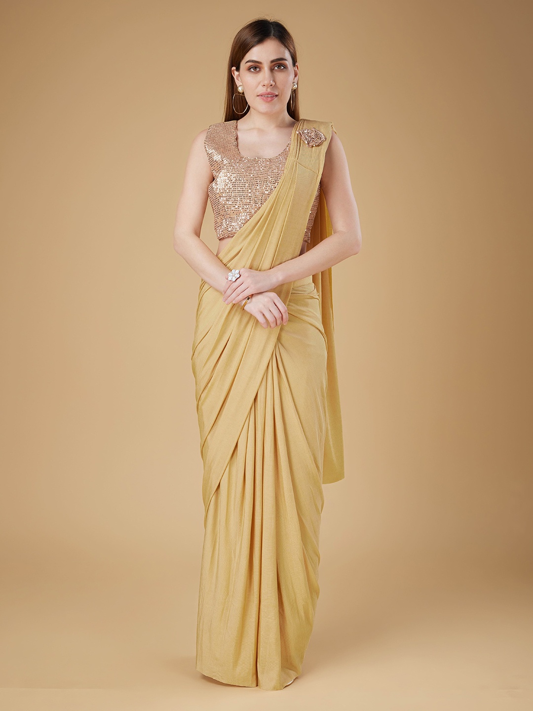 

AMOHA TRENDZ Lycra Pre-Stitched Ready to Wear Sequinned Saree, Beige