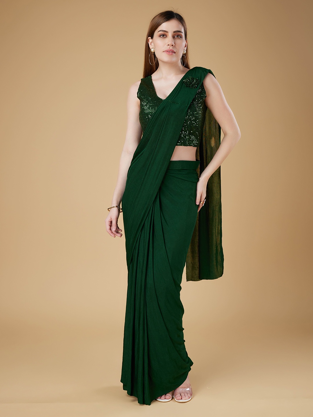 

AMOHA TRENDZ Lycra Sequinned Ready to Wear Saree, Green