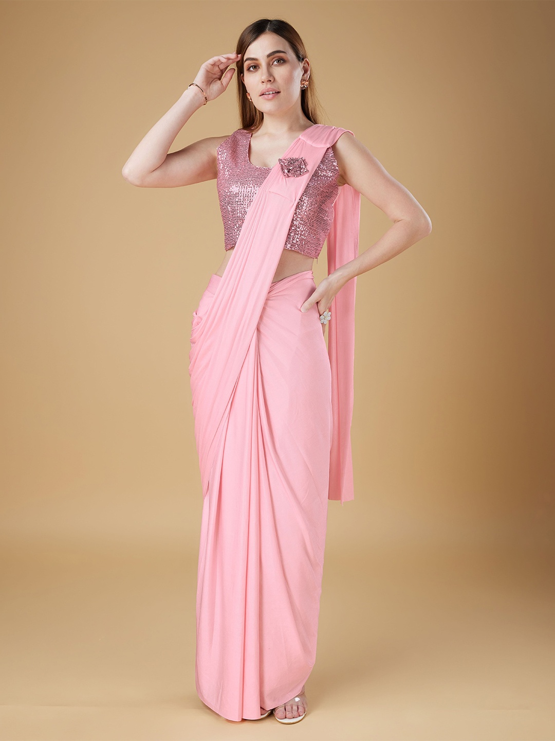 

AMOHA TRENDZ Lycra Pre-Stitched Ready to Wear Sequinned Saree, Pink