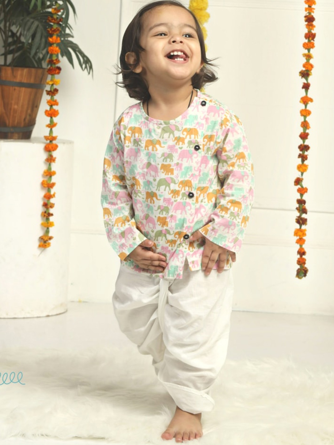 

Polka Tots Infants Kids Ethnic Motifs Printed Angrakha Kurta with Dhoti Pants, White