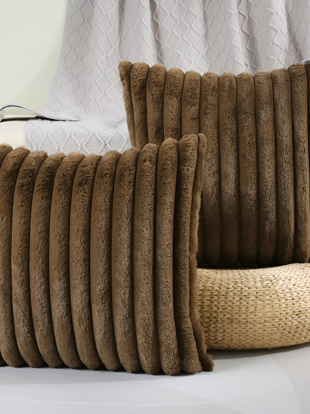 

MONKDECOR Brown 2 Pcs Striped Velvet Square Cushion Covers