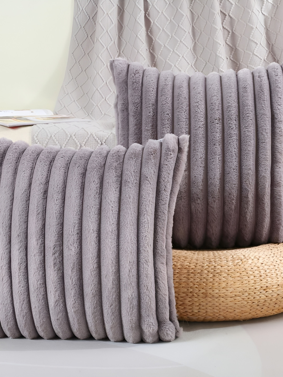 

MONKDECOR Grey 2 Pcs Striped Velvet Square Cushion Covers