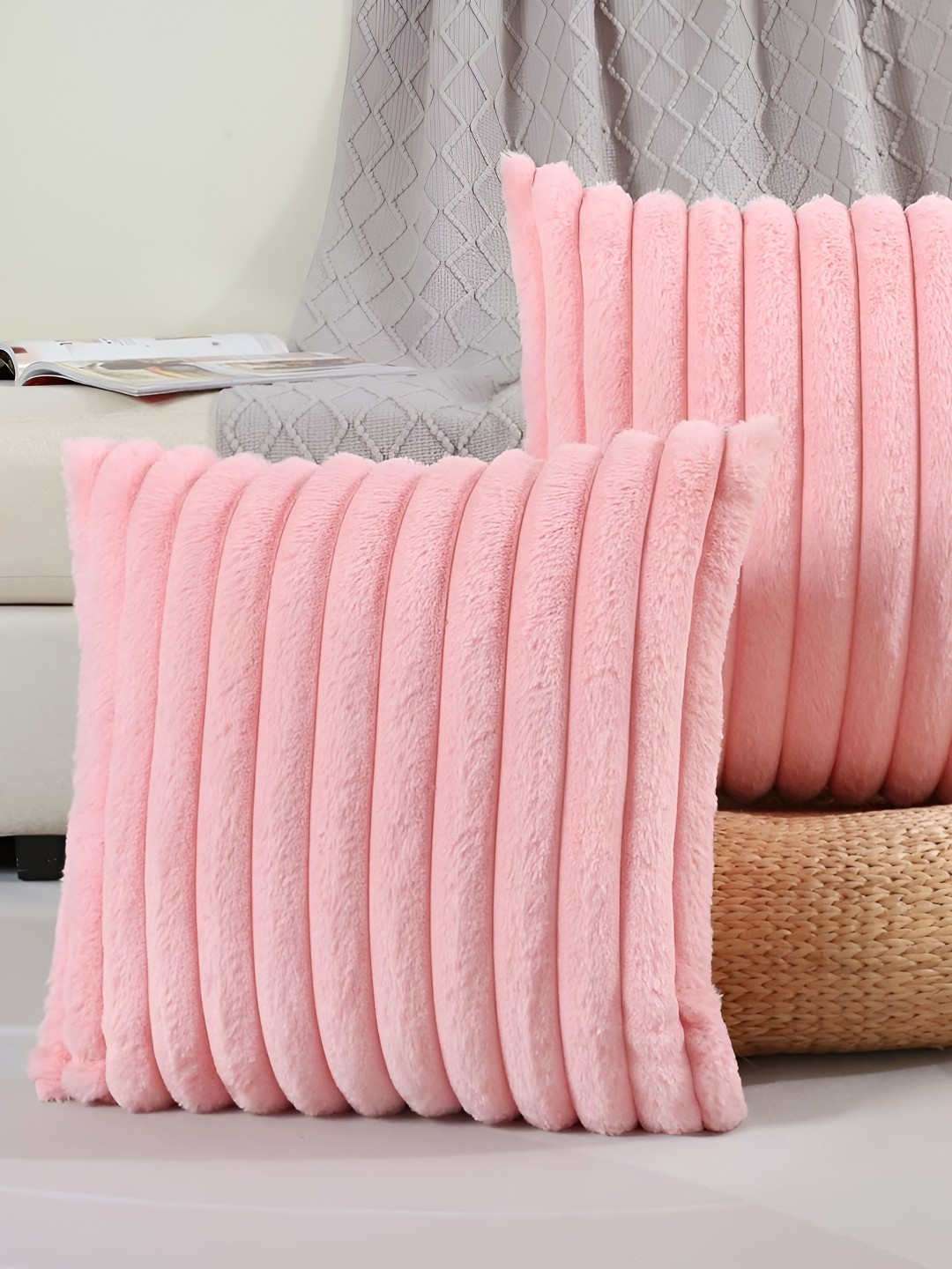 

MONKDECOR Pink 2 Pieces Striped Velvet Square Cushion Covers