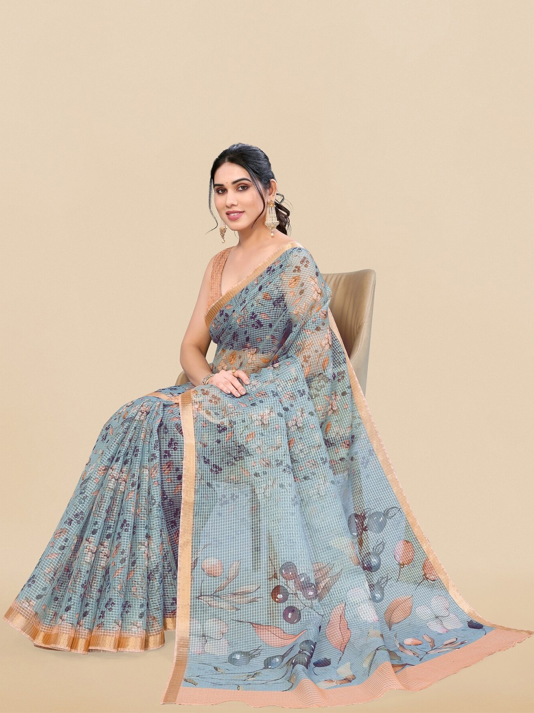 MIRCHI FASHION Floral Printed Zari Saree, Turquoise blue