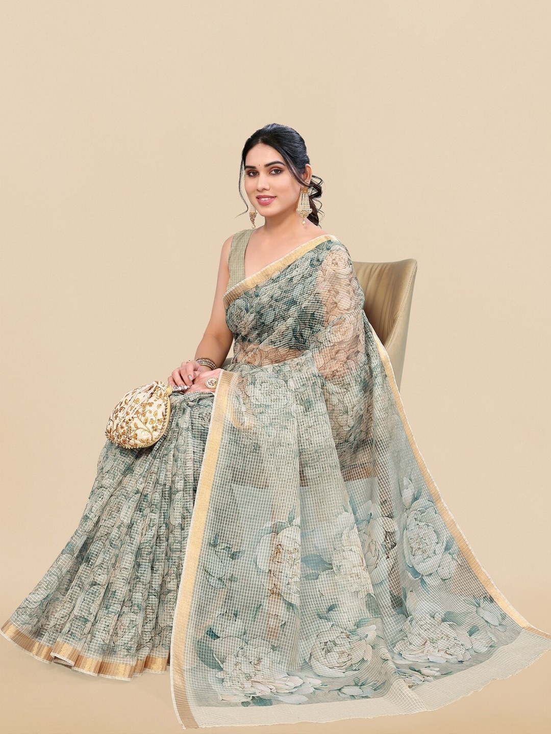 MIRCHI FASHION Green & White Floral Printed Zari Saree