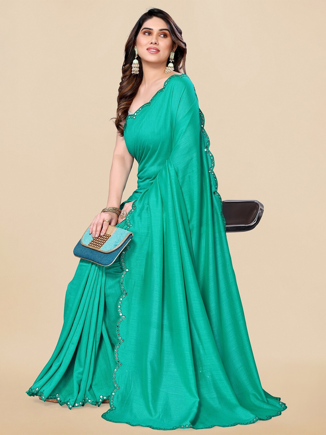 

MIRCHI FASHION Teal Green Embellished Mirror Work Saree