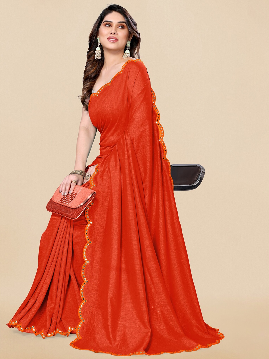 

MIRCHI FASHION Mirror Work Silk Saree, Orange
