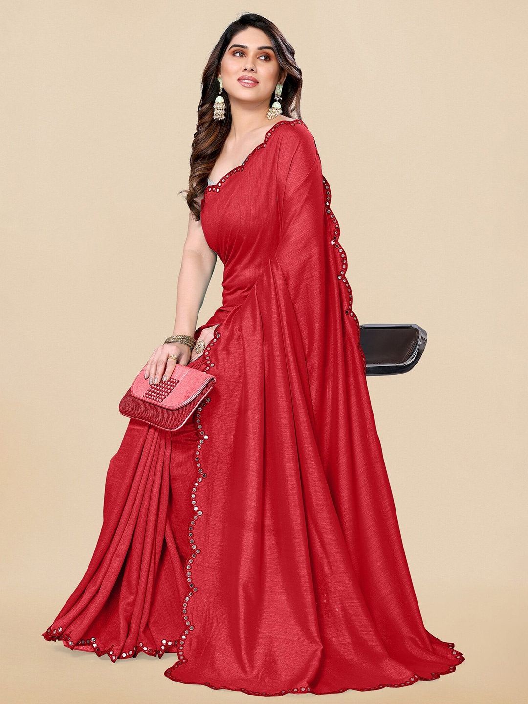 

MIRCHI FASHION Mirror Work Silk Saree, Red