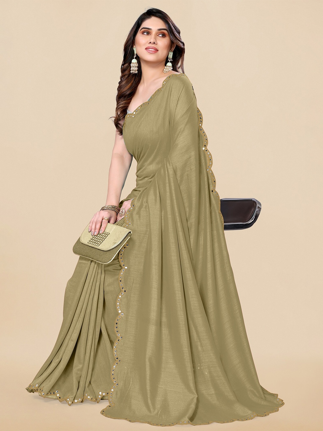 

MIRCHI FASHION Mirror Work Silk Saree, Olive