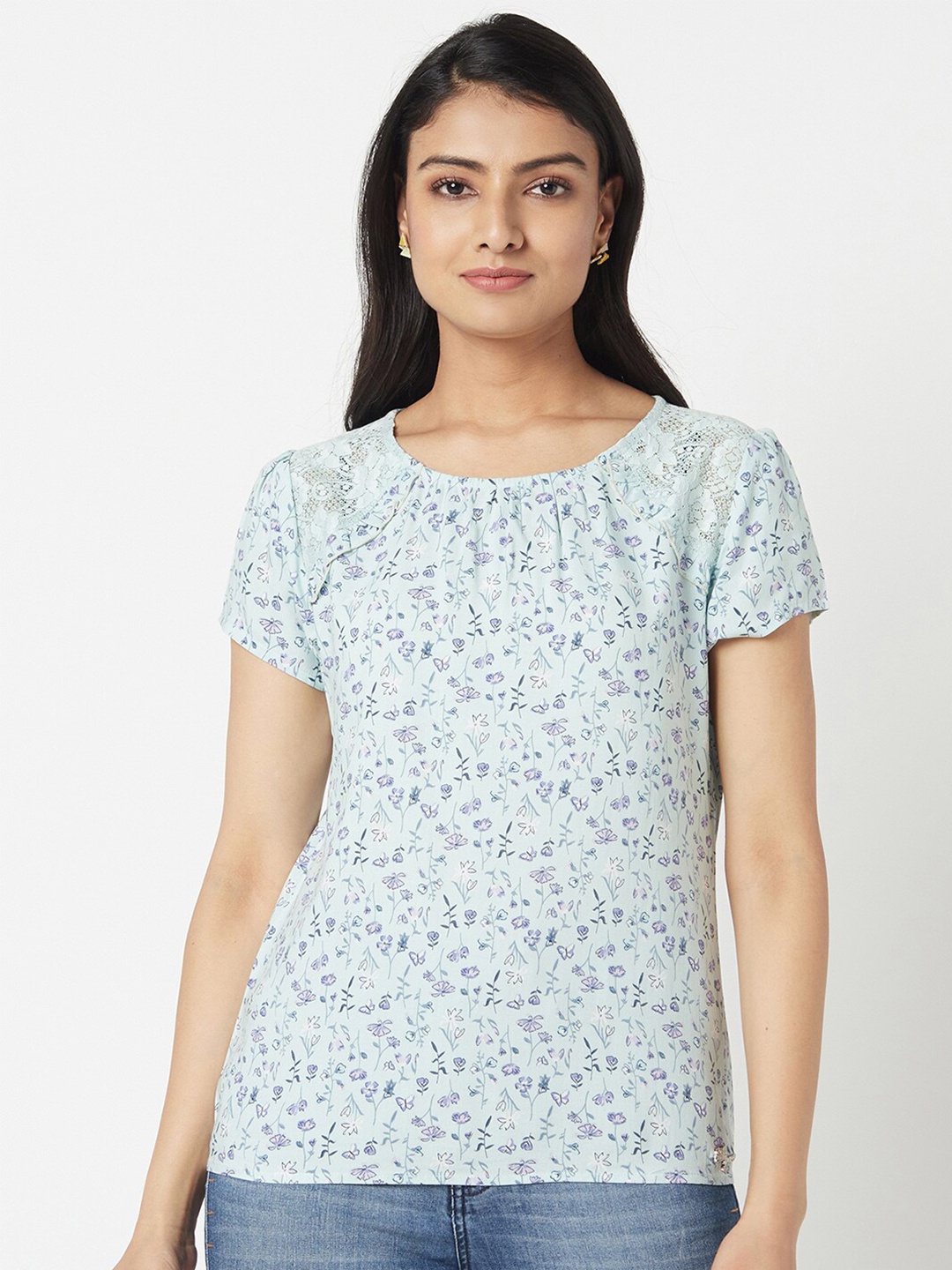 

Miss Grace Floral Printed Short Sleeves Lace Top, Blue
