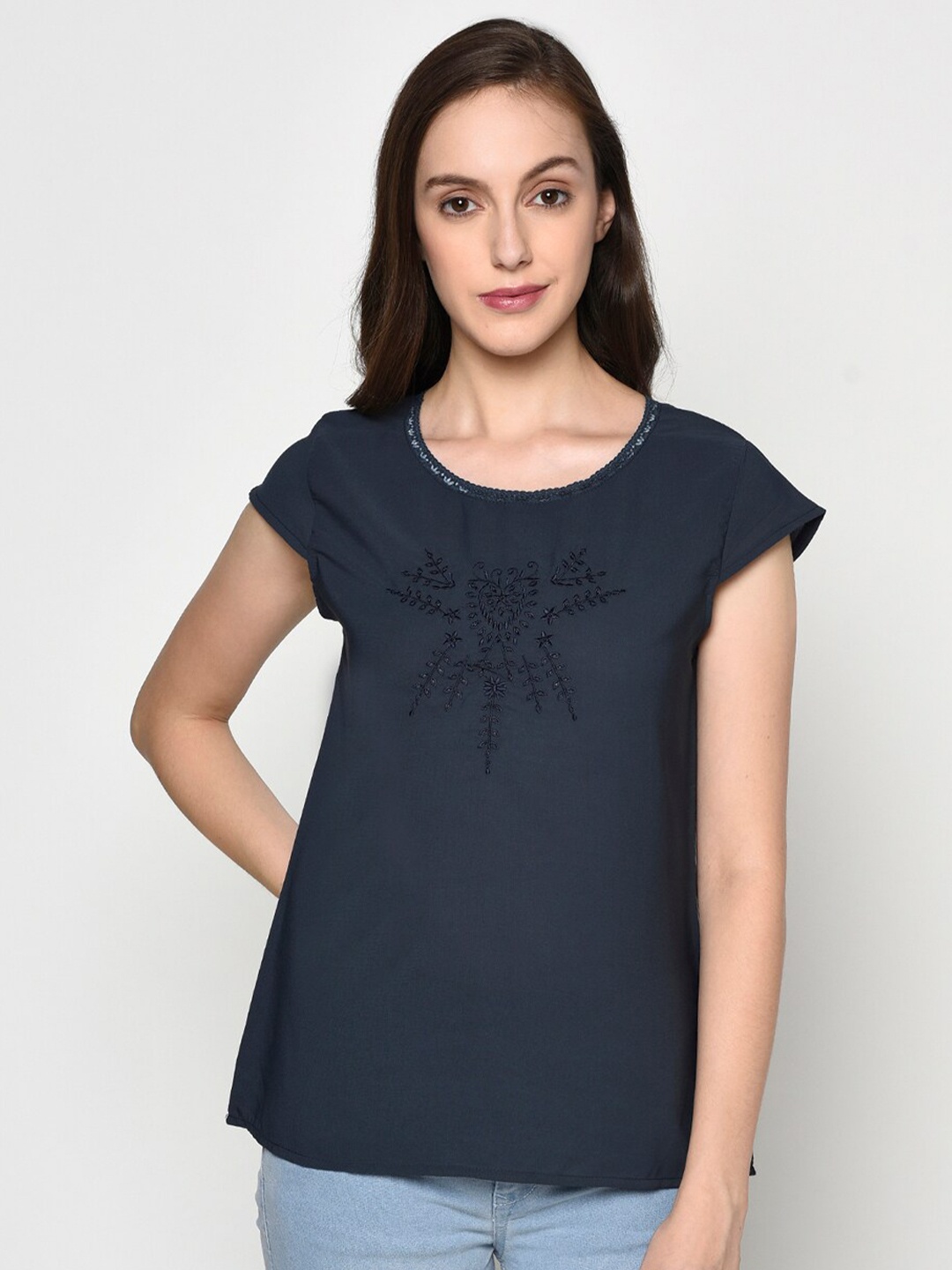 

Miss Grace floral Embroidered Cap Sleeves Top, Navy blue