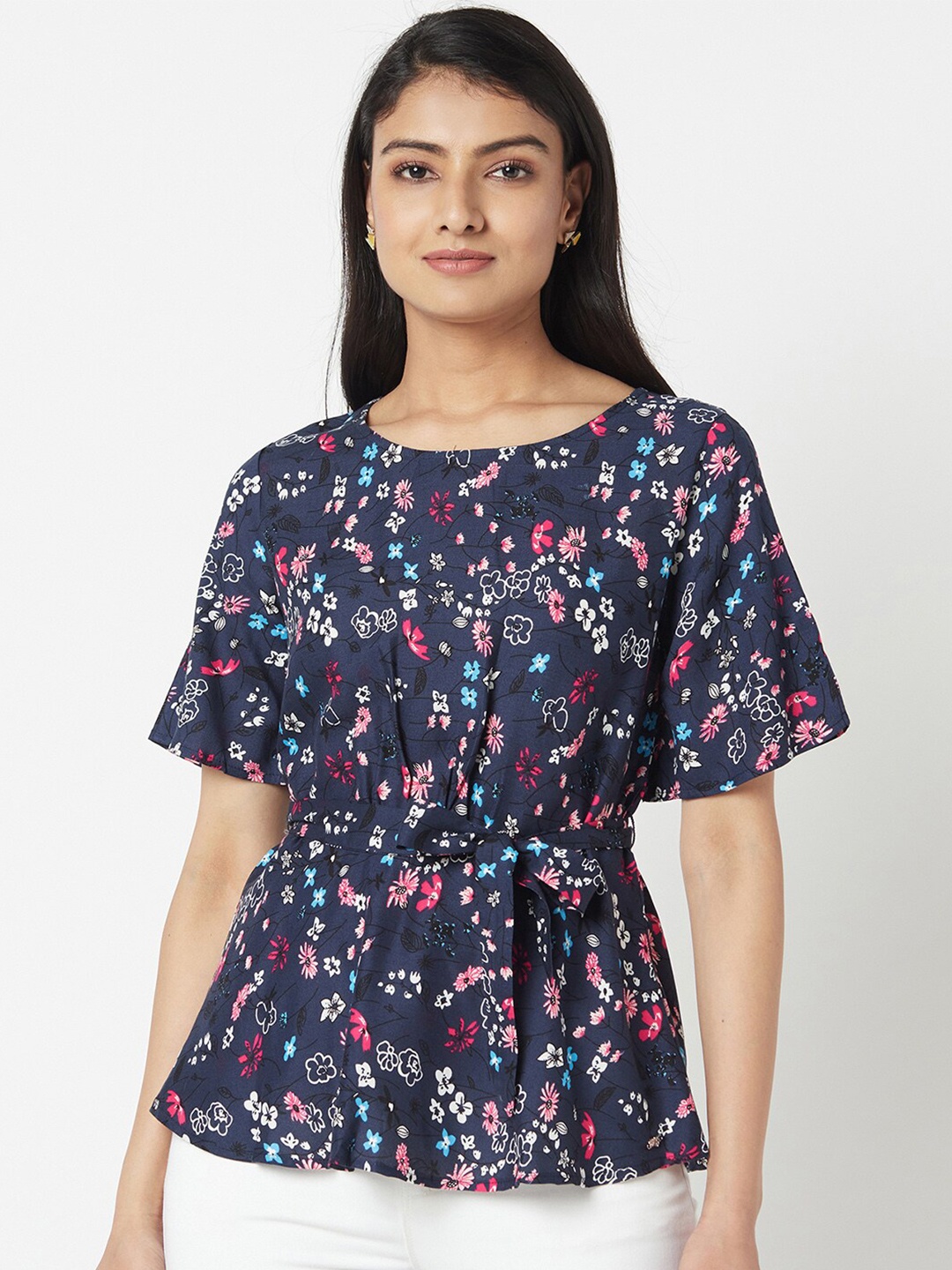 

Miss Grace Floral Printed Cinched Waist Top, Navy blue