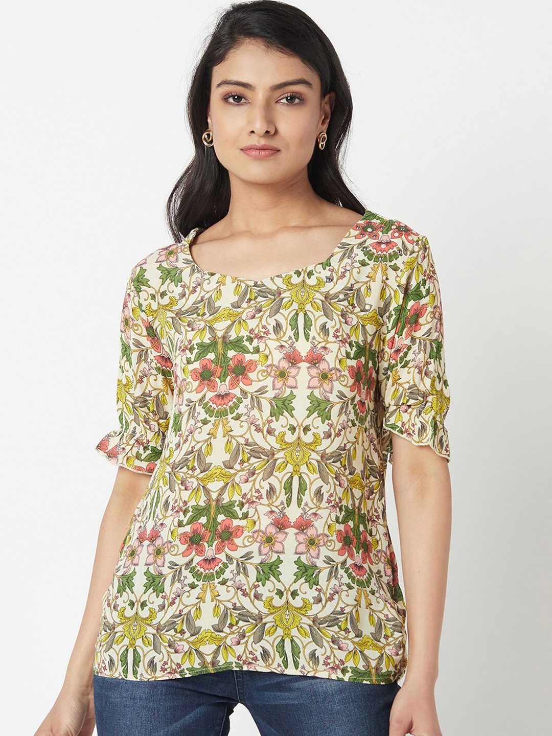 

Miss Grace Floral Printed Round Neck Top, Beige