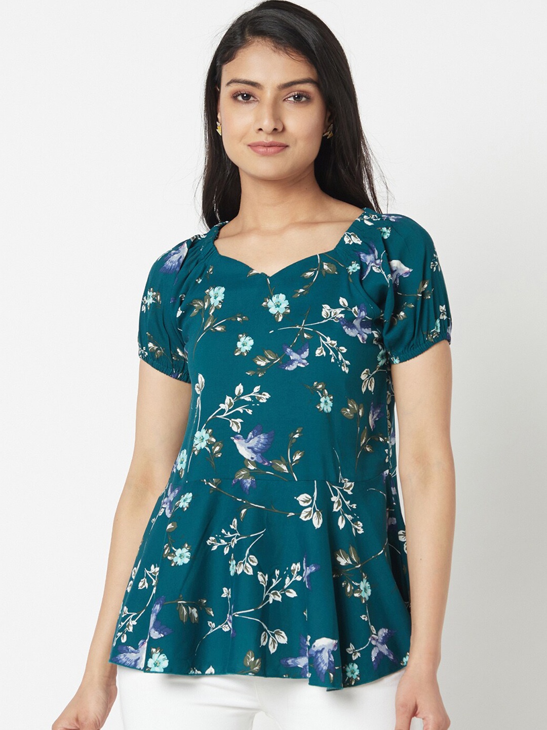 

Miss Grace Floral Printed Sweetheart Neck Cotton Peplum Top, Green