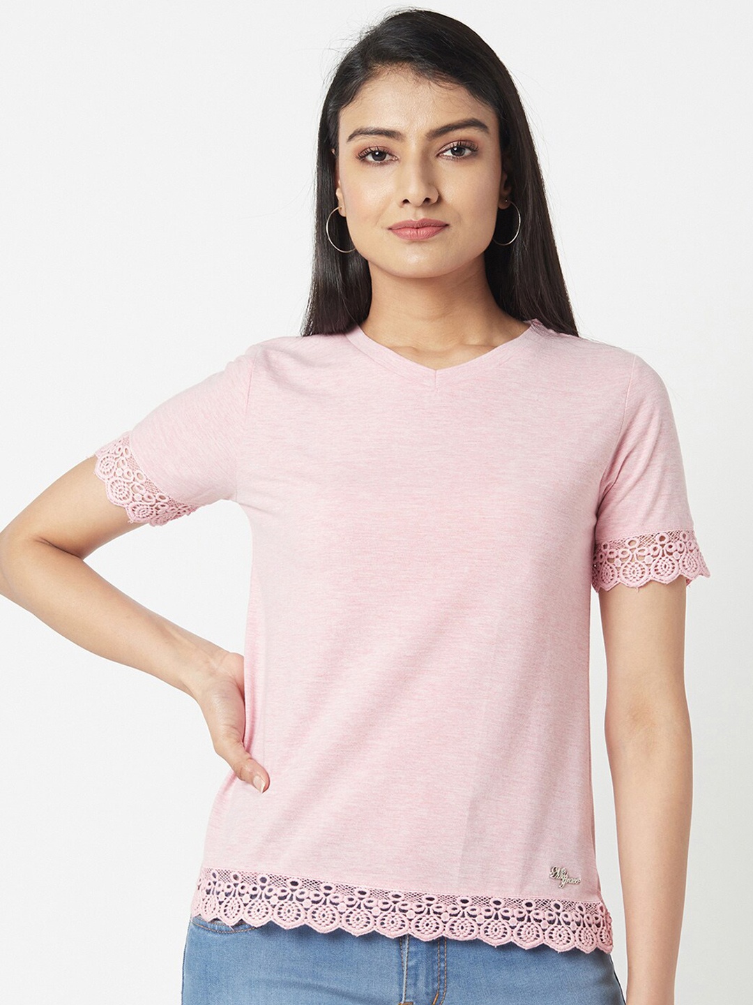 

Miss Grace Lace Insert Round Neck Top, Pink