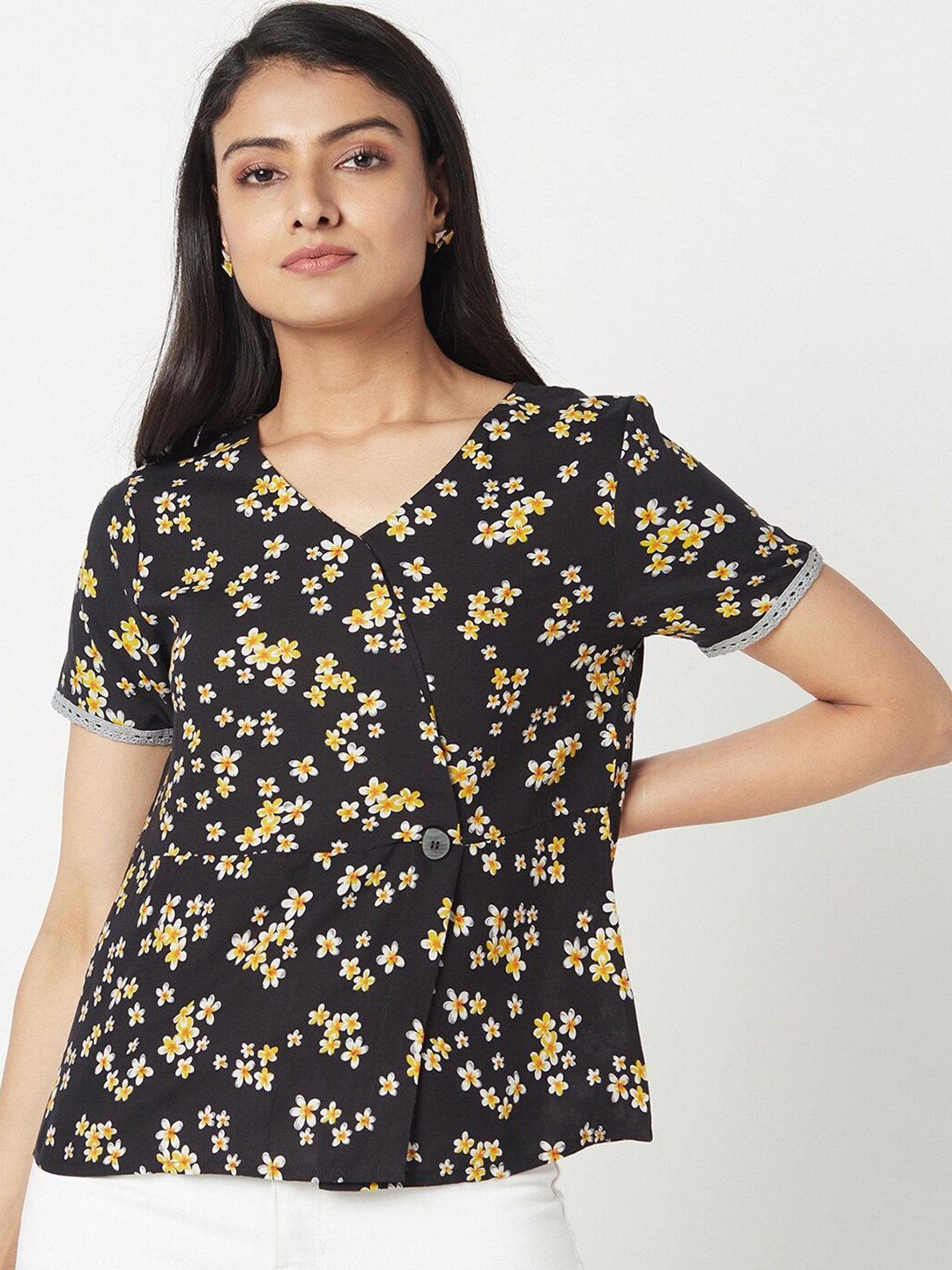 

Miss Grace Floral Printed V-Neck Top, Black